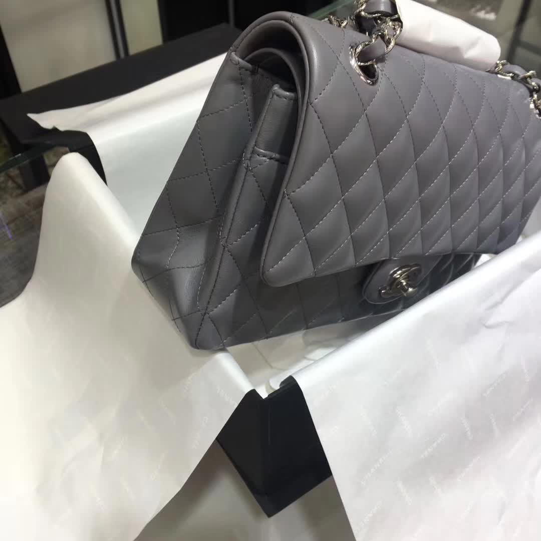 广州白云皮具城 正品开模 Classic Flap 小羊皮 灰色 25cm 银