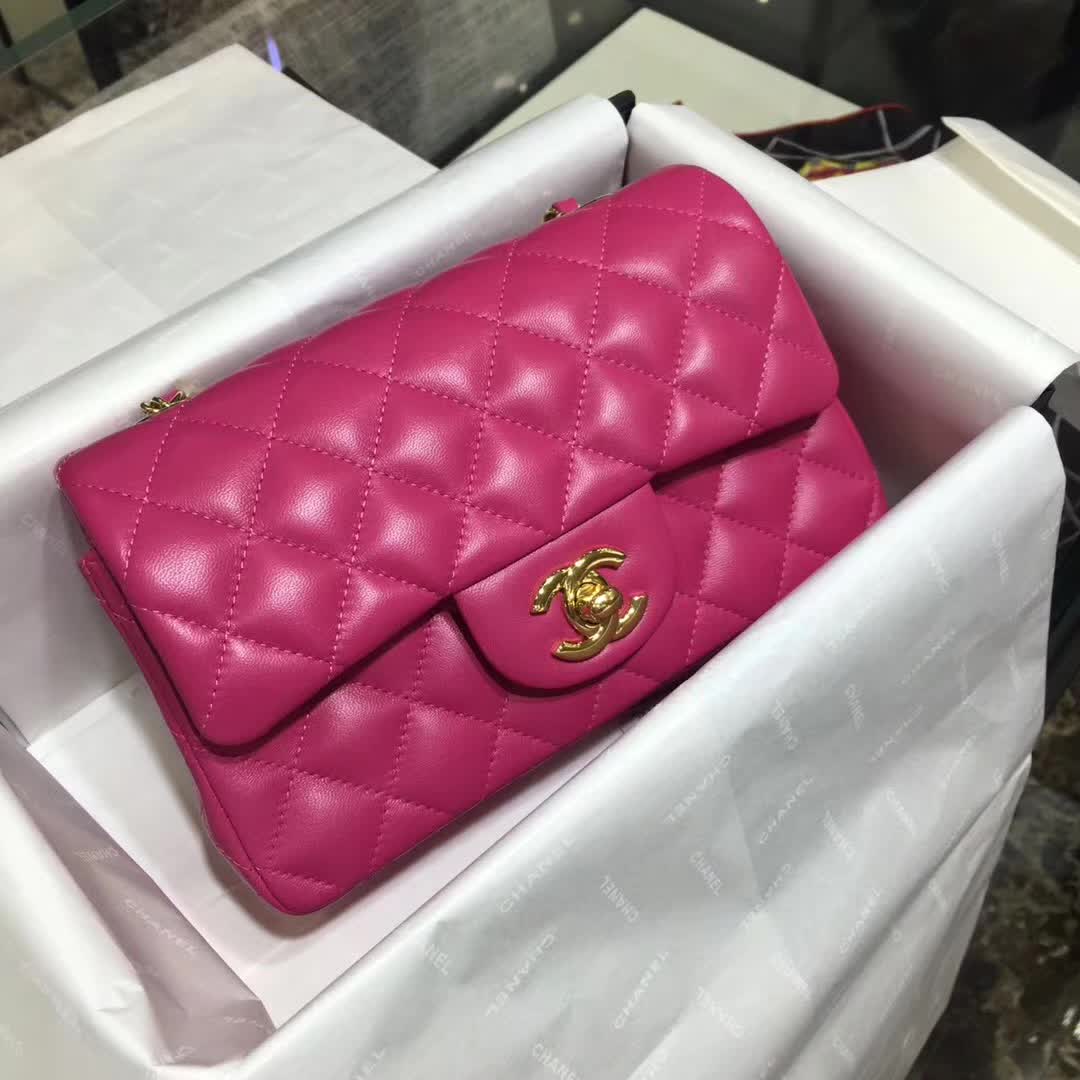 Chanel 香奈儿 Classic Flap  小羊皮 玫红色 20cm 金