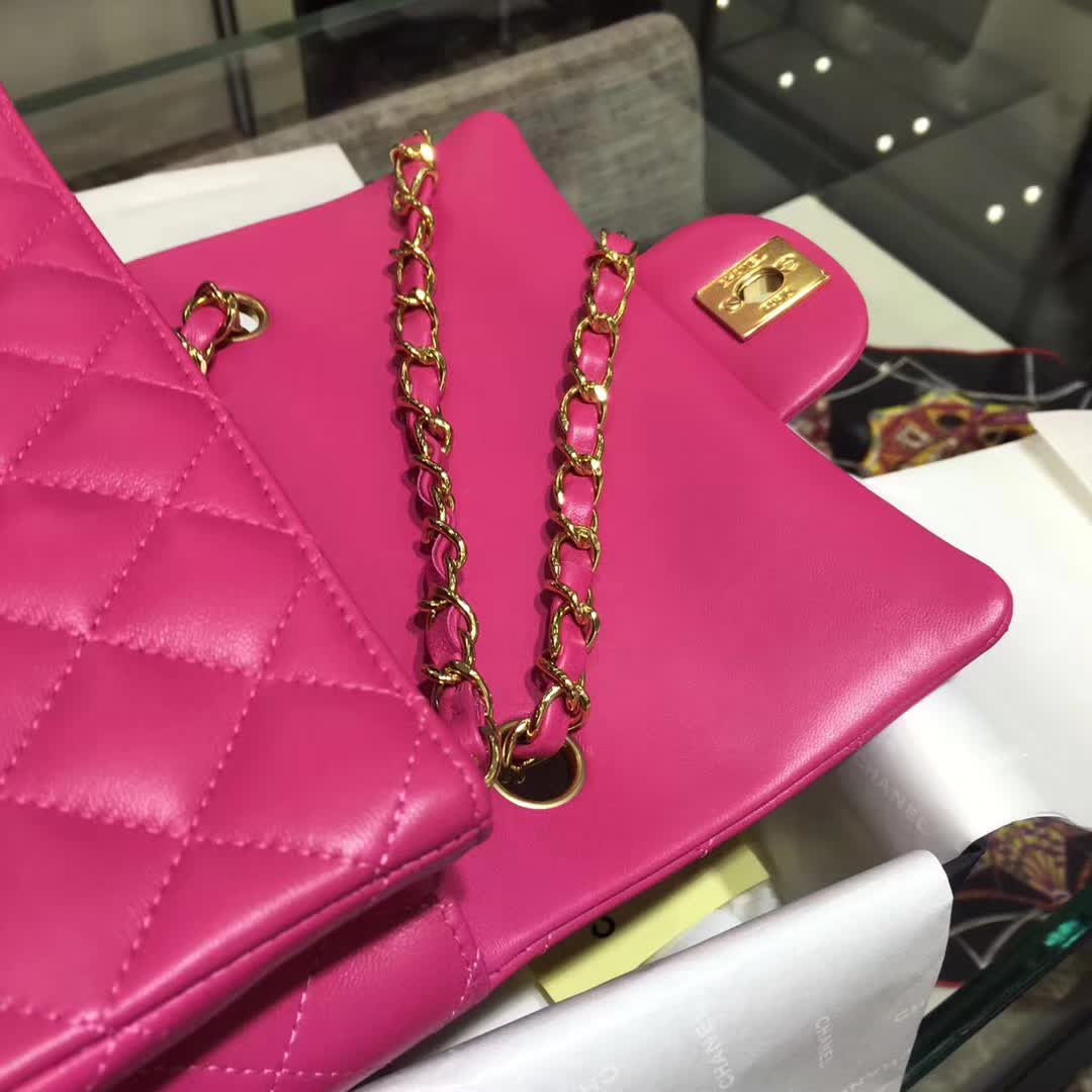 Chanel 香奈儿 Classic Flap  小羊皮 玫红色 20cm 金