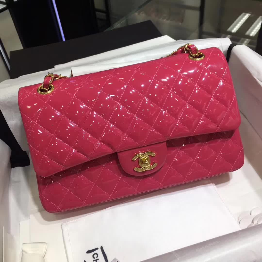 Chanel 香奈儿 Classic Flap 漆皮 玫红色 25cm 金 诚招代理