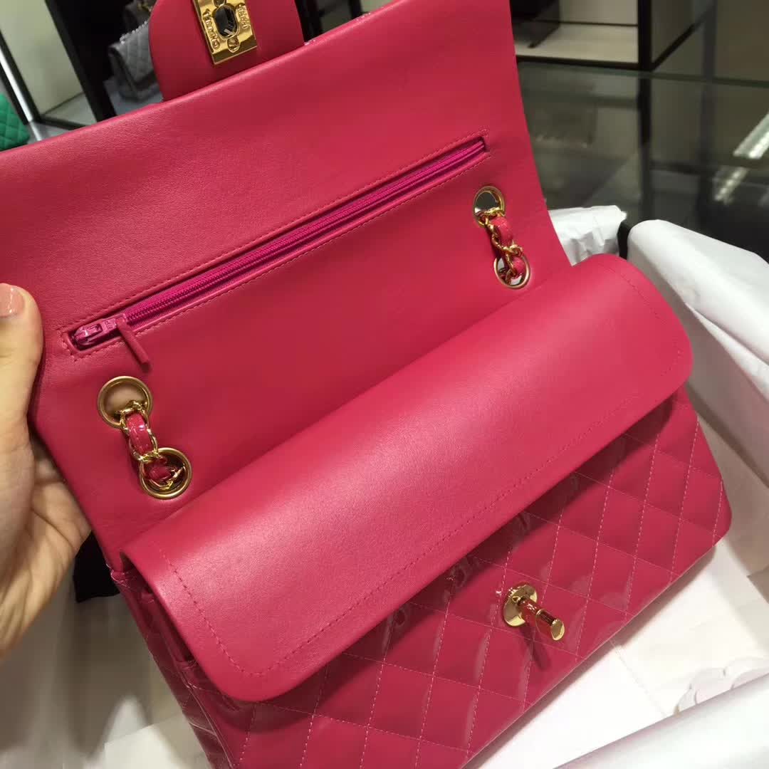 Chanel 香奈儿 Classic Flap 漆皮 玫红色 25cm 金 诚招代理