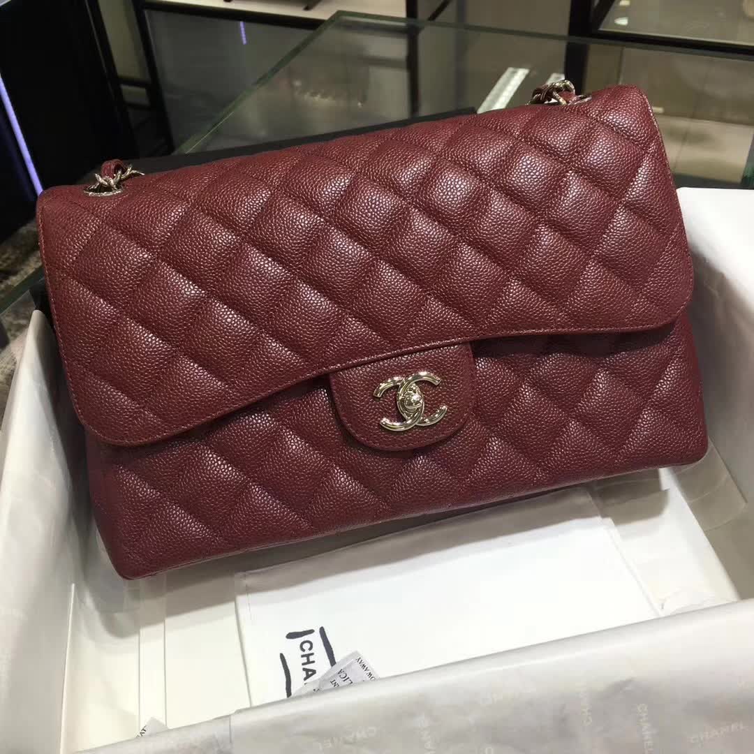 Chanel 香奈儿 Classic Flap 鱼子酱 枣红色 30cm 银