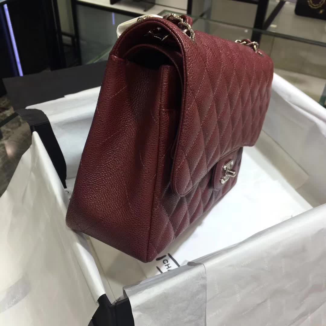 Chanel 香奈儿 Classic Flap 鱼子酱 枣红色 30cm 银