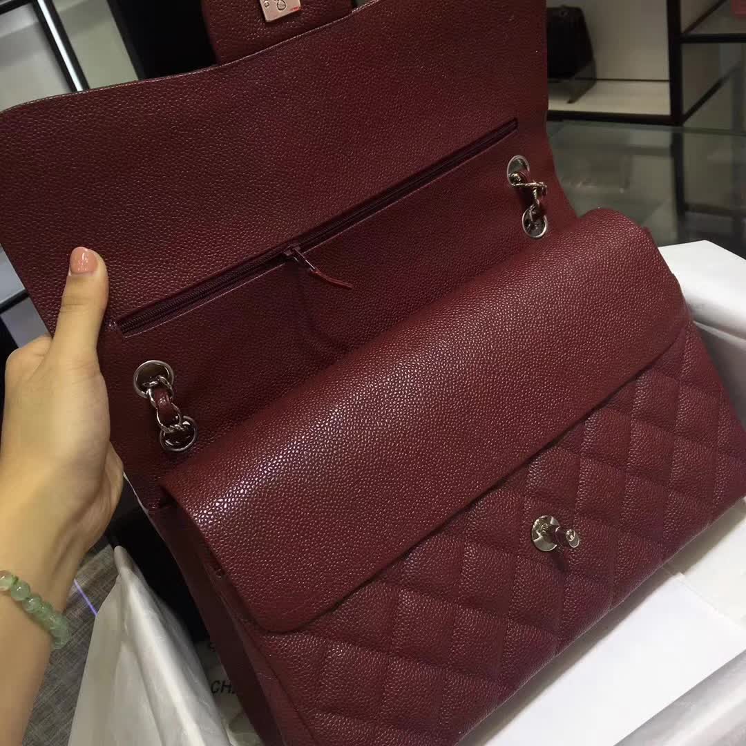 Chanel 香奈儿 Classic Flap 鱼子酱 枣红色 30cm 银