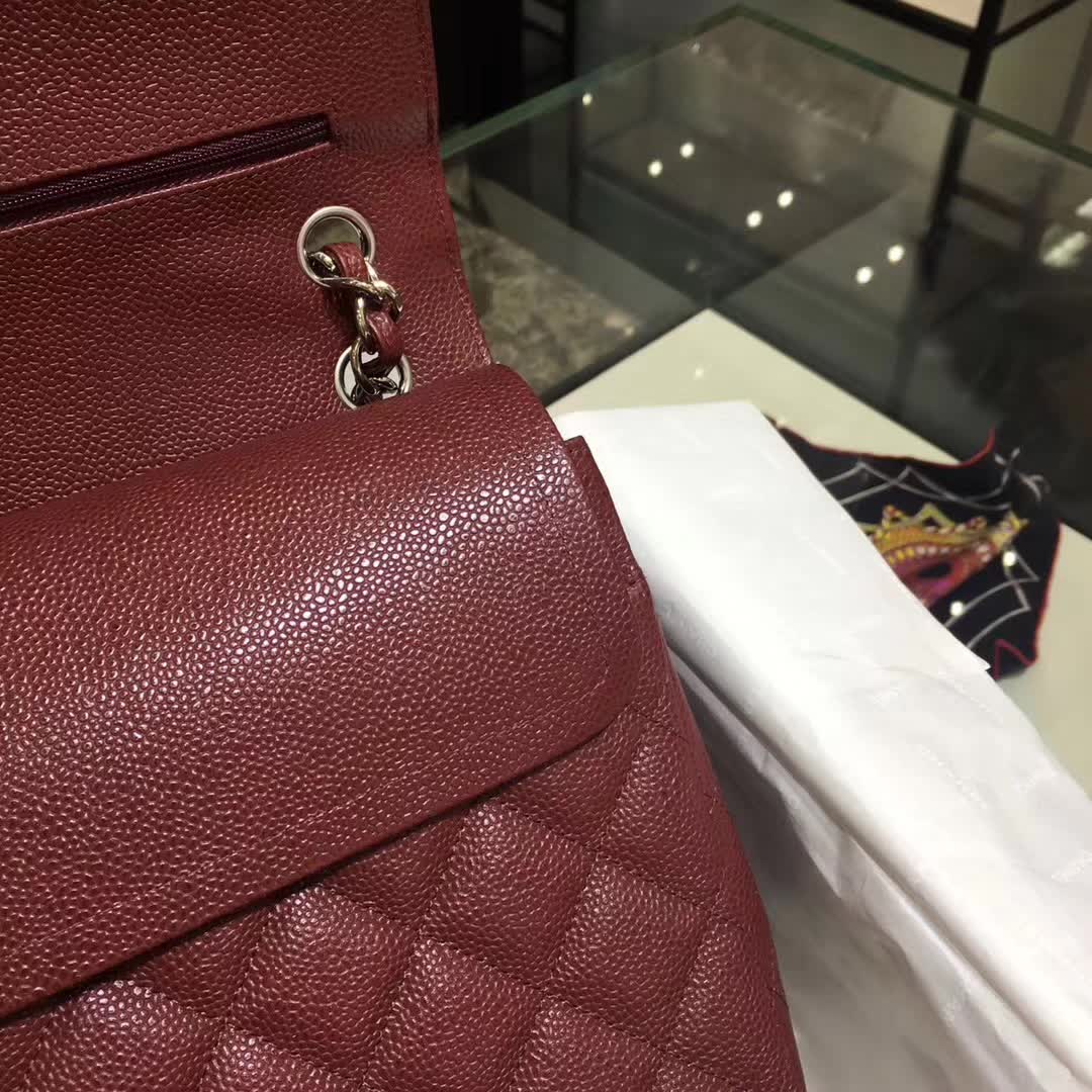 Chanel 香奈儿 Classic Flap 鱼子酱 枣红色 30cm 银