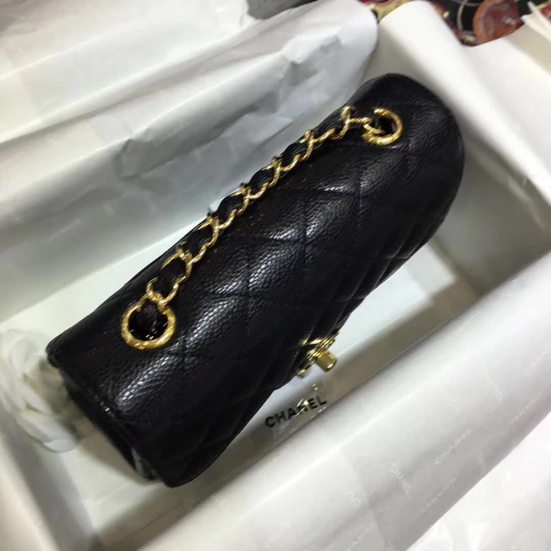 Chanel Classic Flap 鱼子酱 黑色 20cm 车边 金扣
