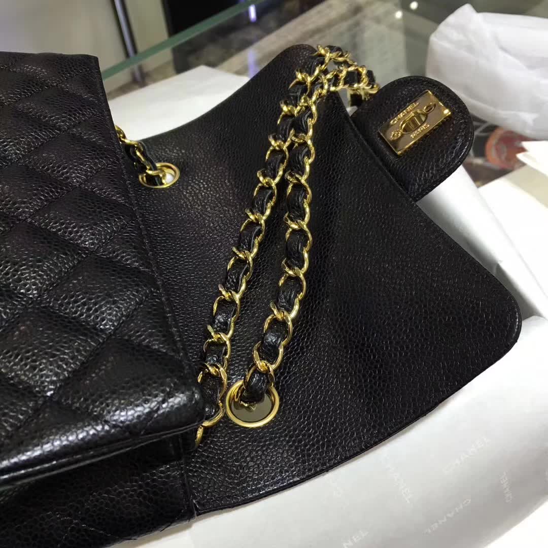 Chanel Classic Flap 鱼子酱 黑色 20cm 车边 金扣