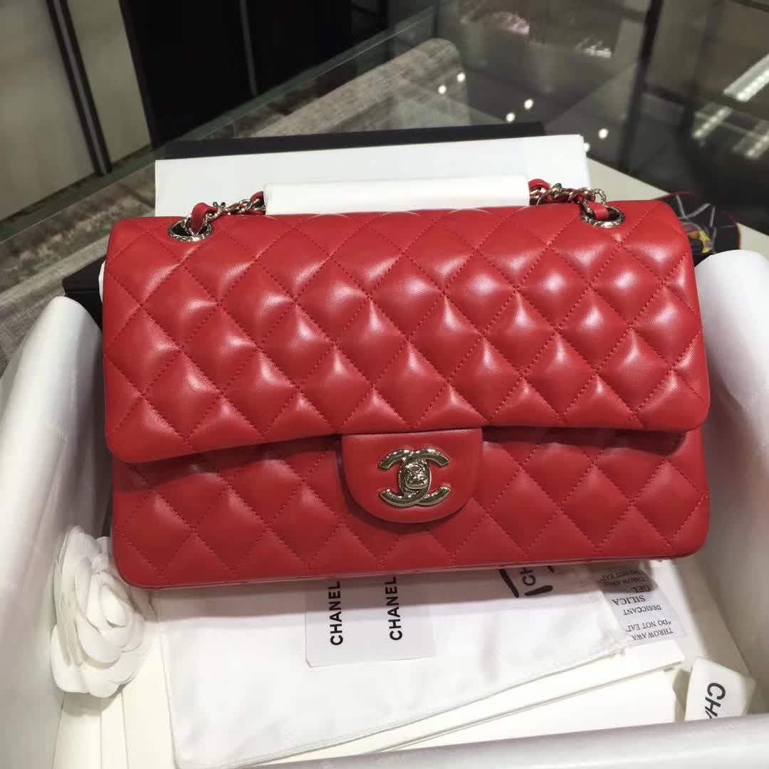Chanel 香奈儿 Classic Flap 小羊皮 大红色 25cm  银五金