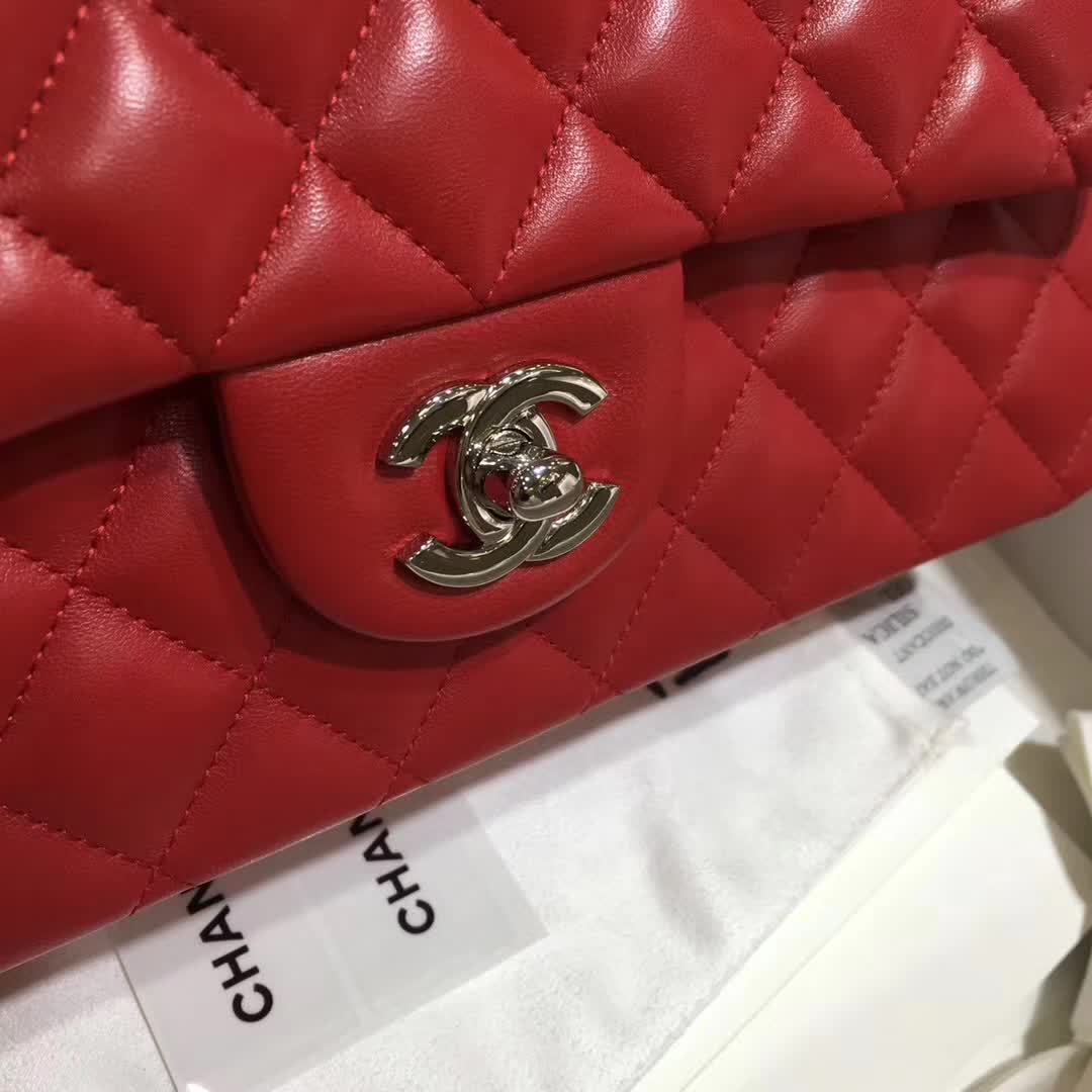 Chanel 香奈儿 Classic Flap 小羊皮 大红色 25cm  银五金
