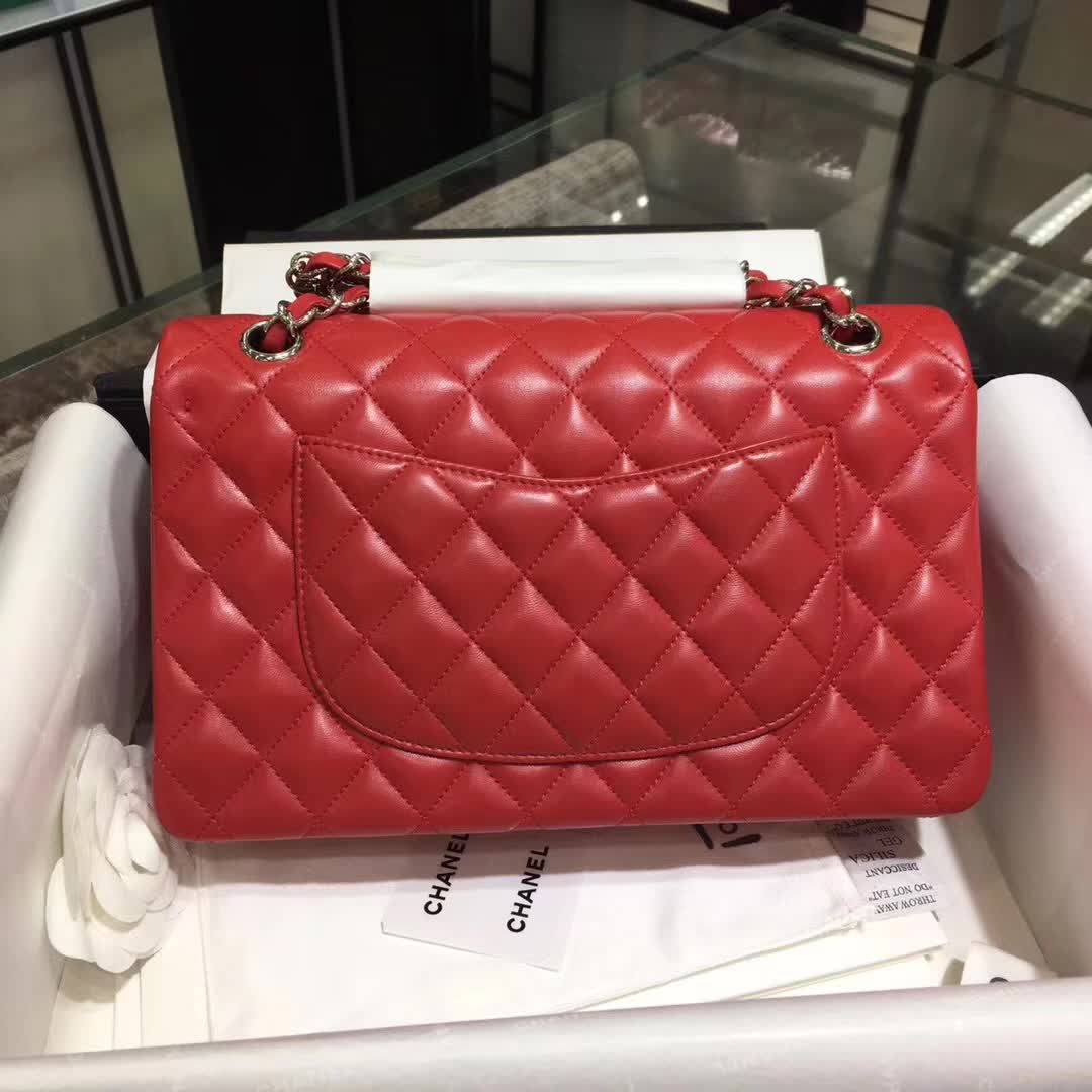 Chanel 香奈儿 Classic Flap 小羊皮 大红色 25cm  银五金