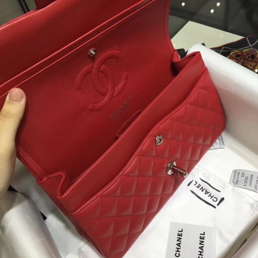 Chanel 香奈儿 Classic Flap 小羊皮 大红色 25cm  银五金