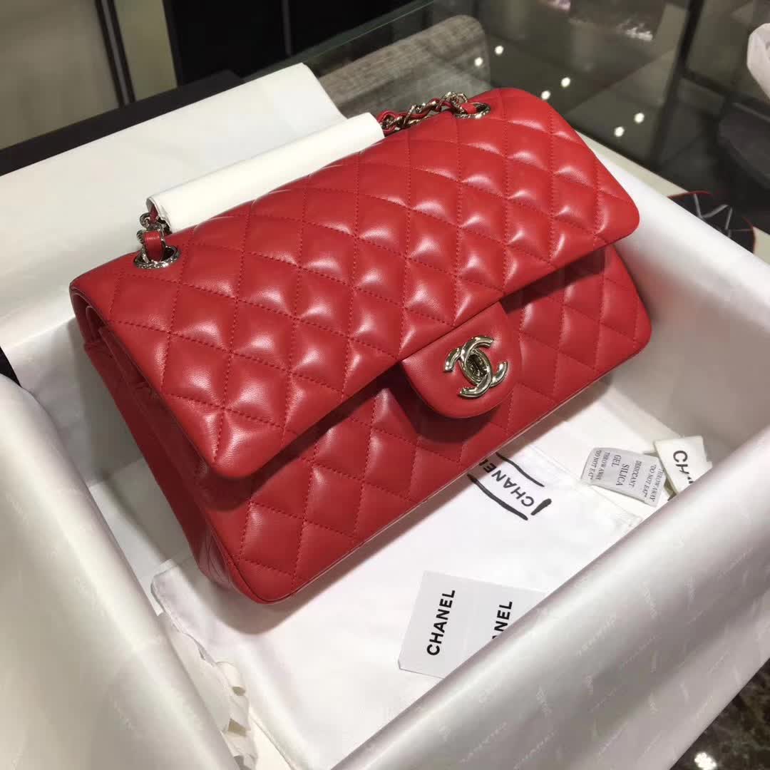 Chanel 香奈儿 Classic Flap 小羊皮 大红色 25cm  银五金