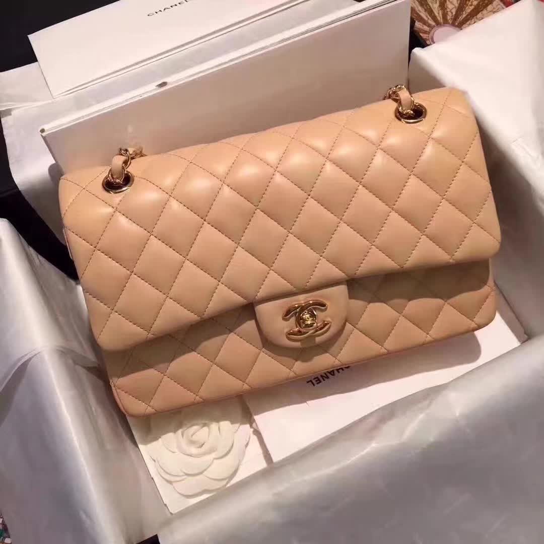 香奈儿一手货源 高端 Classic Flap 小羊皮 杏色 25cm 金扣