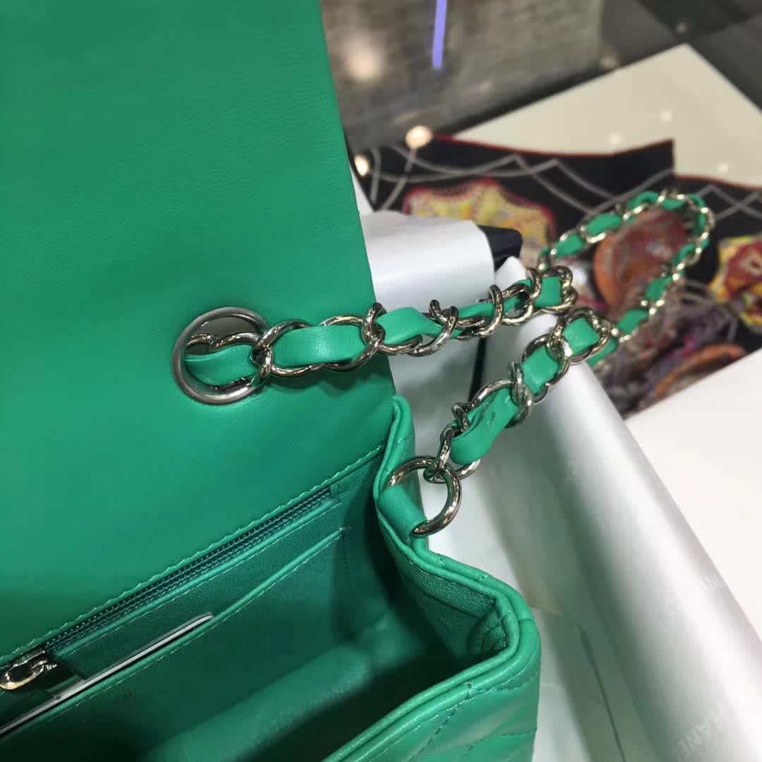 Chanel 香奈儿 Classic Flap 小羊皮 湖水绿 20cm 银五金