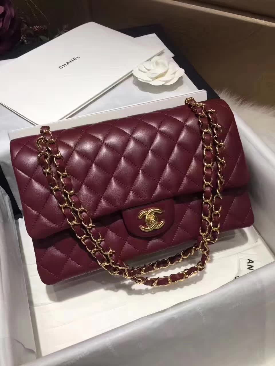 香奈儿 Classic Flap 小羊皮 枣红 25cm 金色五金