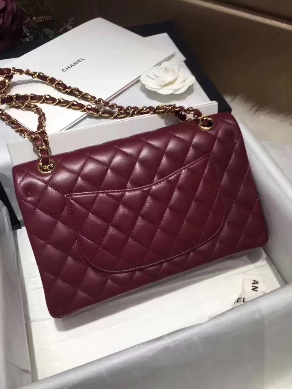 香奈儿 Classic Flap 小羊皮 枣红 25cm 金色五金