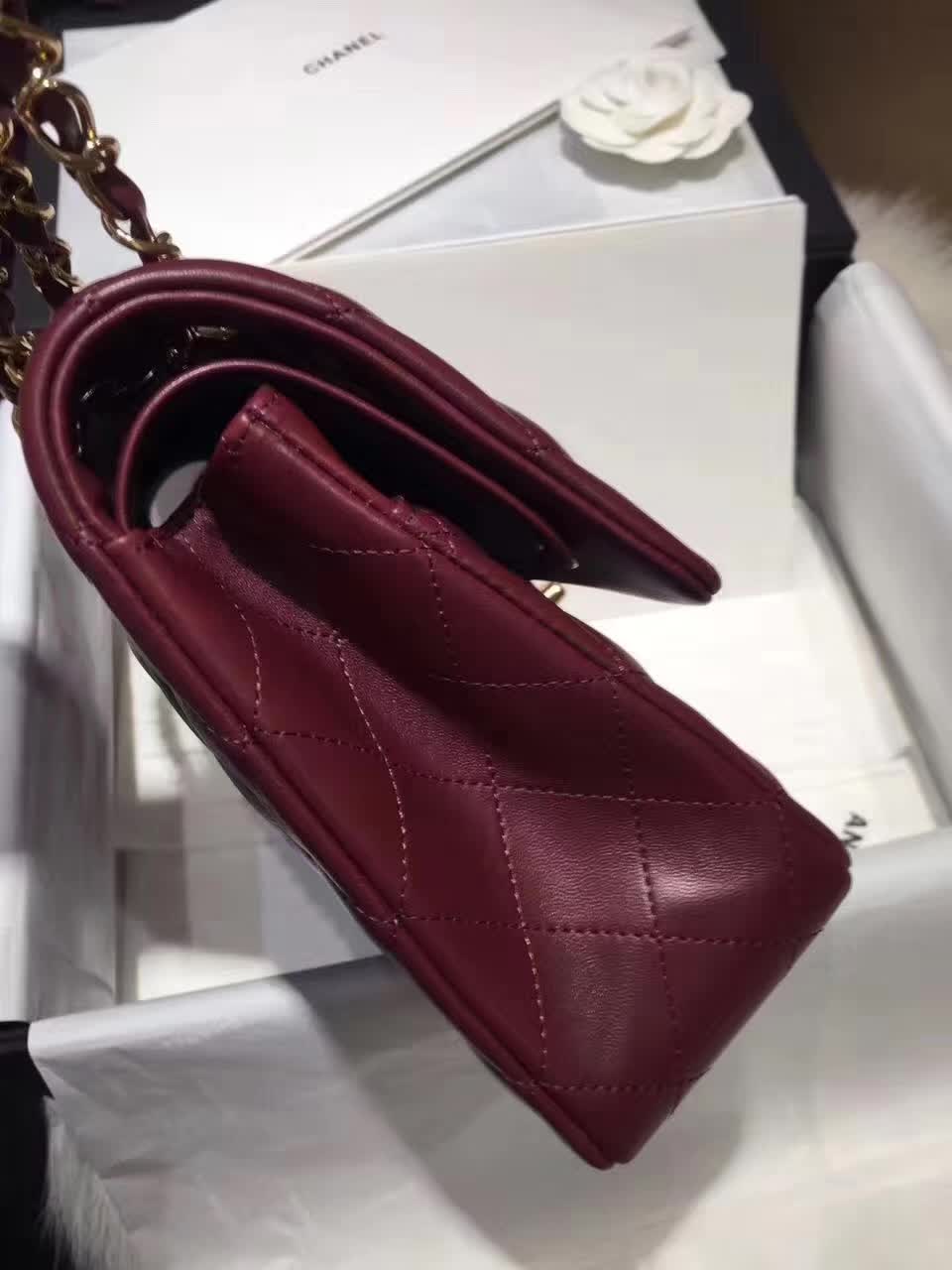 香奈儿 Classic Flap 小羊皮 枣红 25cm 金色五金