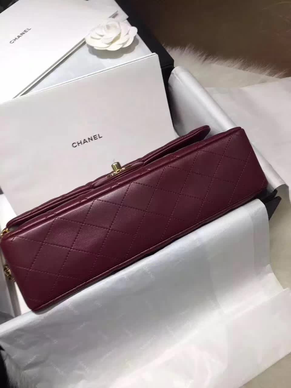 香奈儿 Classic Flap 小羊皮 枣红 25cm 金色五金