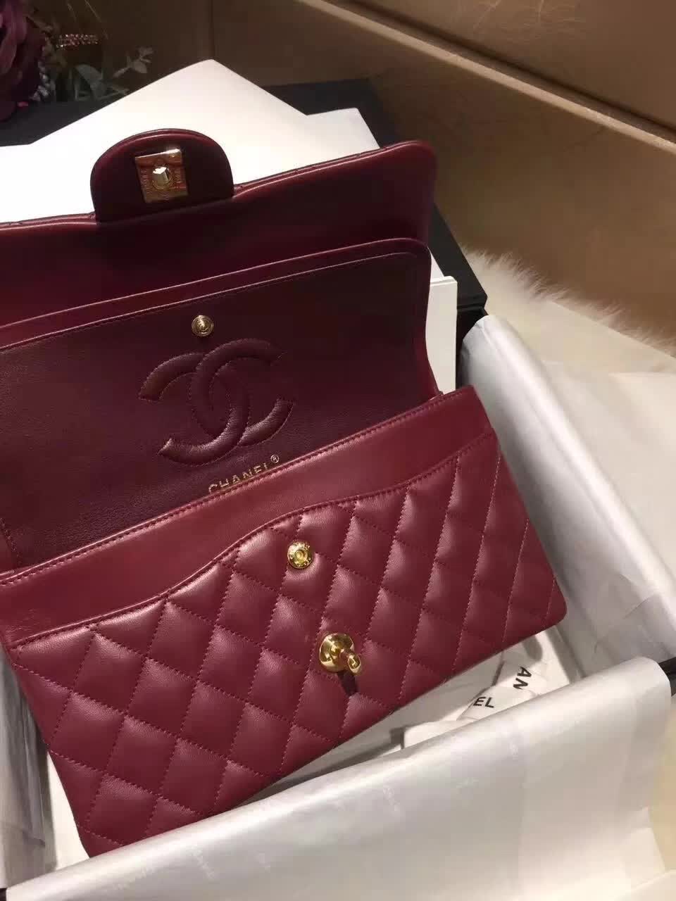 香奈儿 Classic Flap 小羊皮 枣红 25cm 金色五金