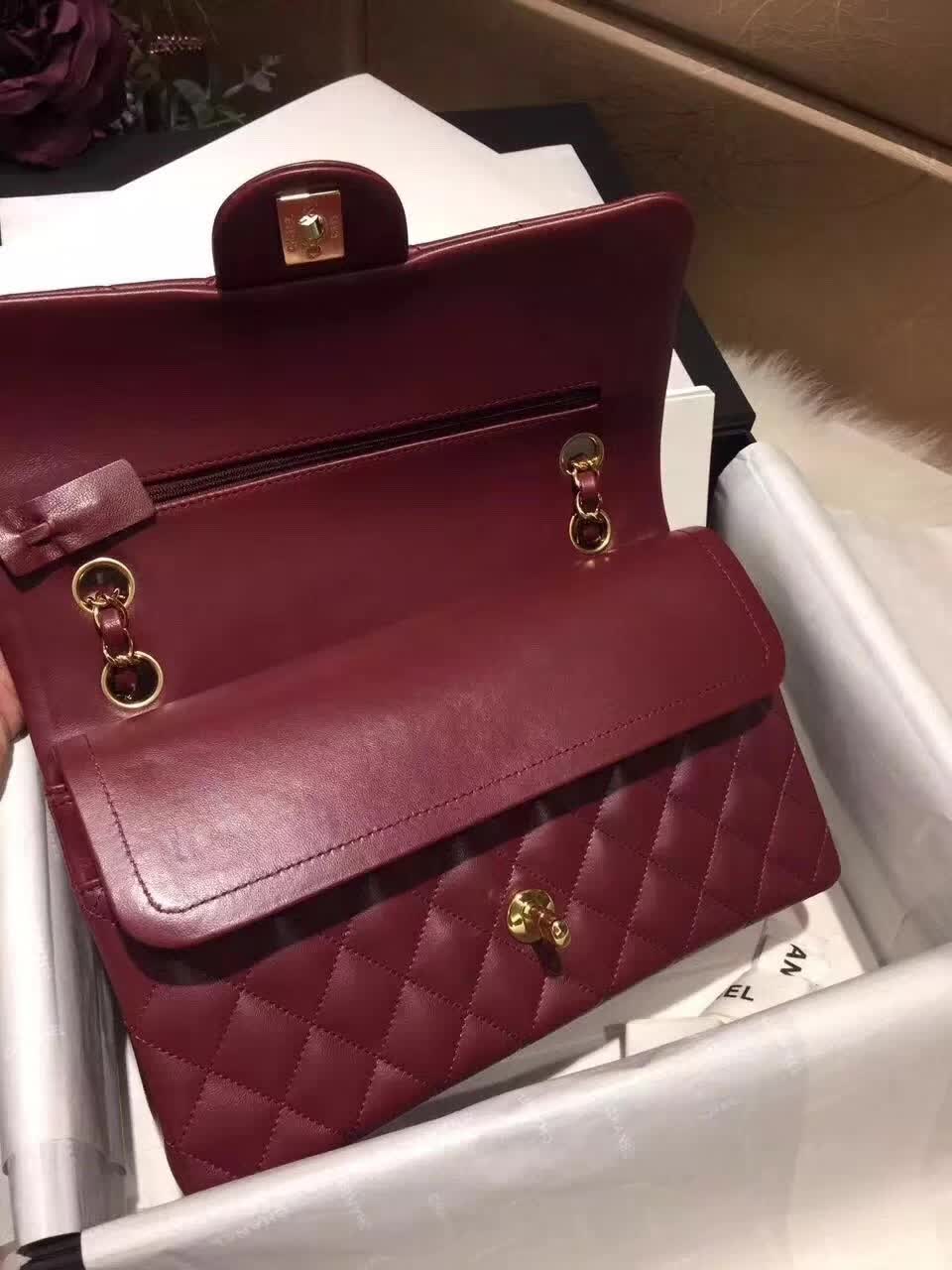 香奈儿 Classic Flap 小羊皮 枣红 25cm 金色五金
