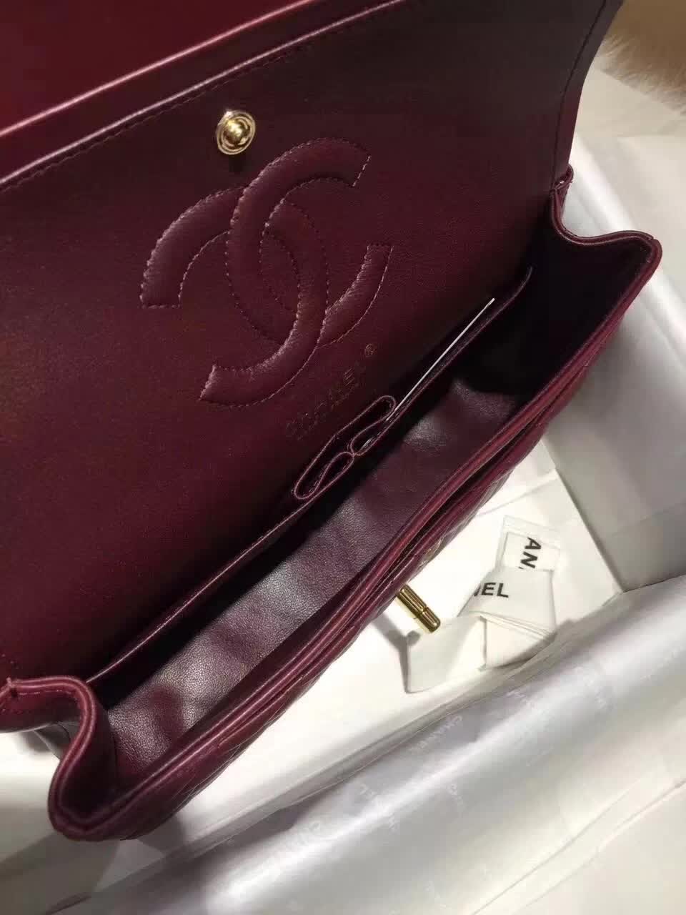 香奈儿 Classic Flap 小羊皮 枣红 25cm 金色五金