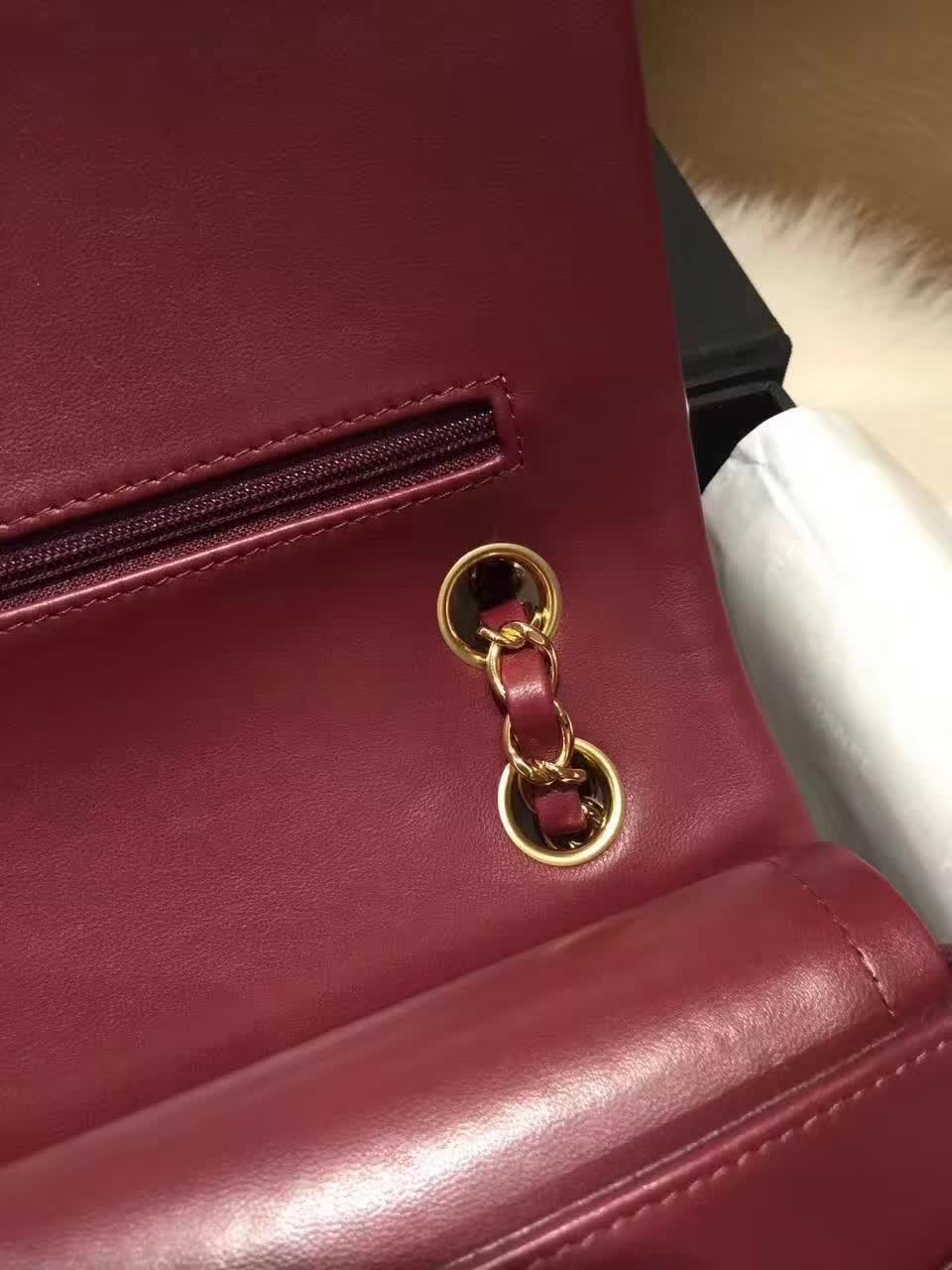 香奈儿 Classic Flap 小羊皮 枣红 25cm 金色五金