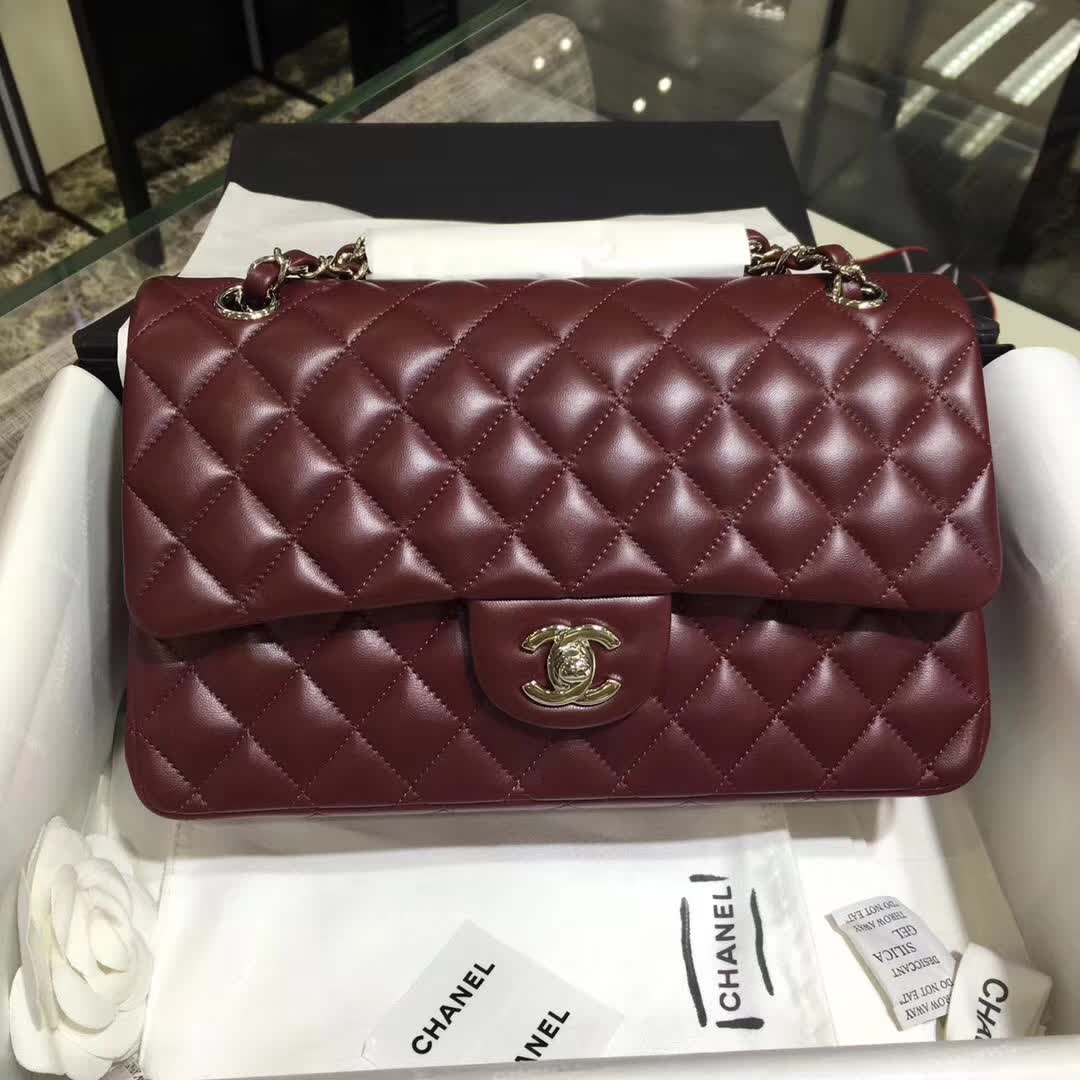 广州白云皮具城 香奈儿 Classic Flap 小羊皮  枣红 25cm 银五金