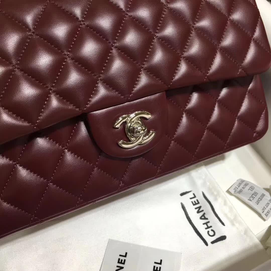 广州白云皮具城 香奈儿 Classic Flap 小羊皮  枣红 25cm 银五金