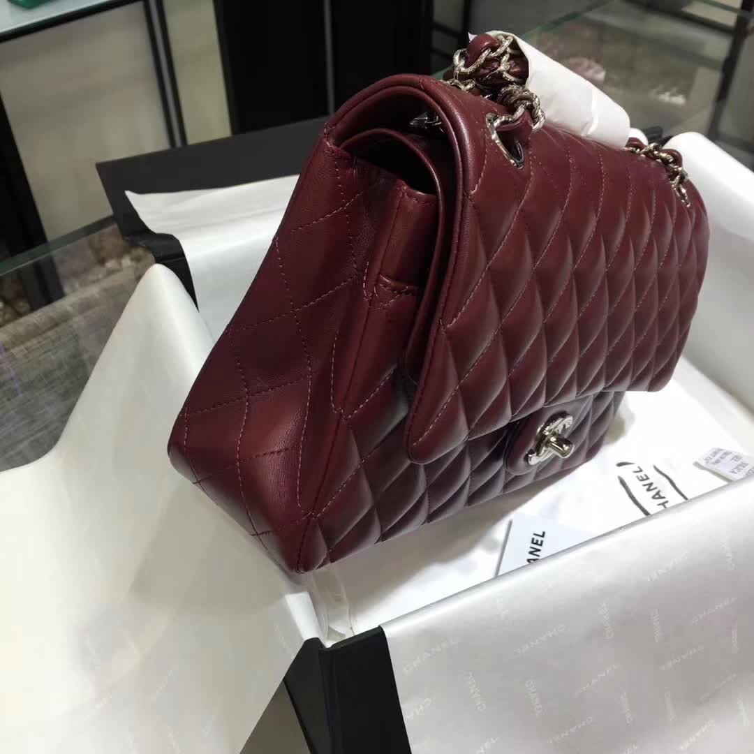 广州白云皮具城 香奈儿 Classic Flap 小羊皮  枣红 25cm 银五金