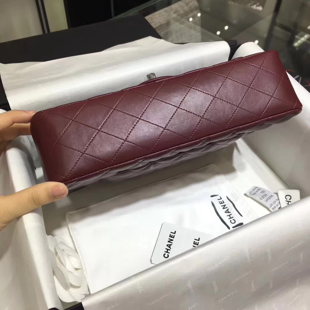 广州白云皮具城 香奈儿 Classic Flap 小羊皮  枣红 25cm 银五金