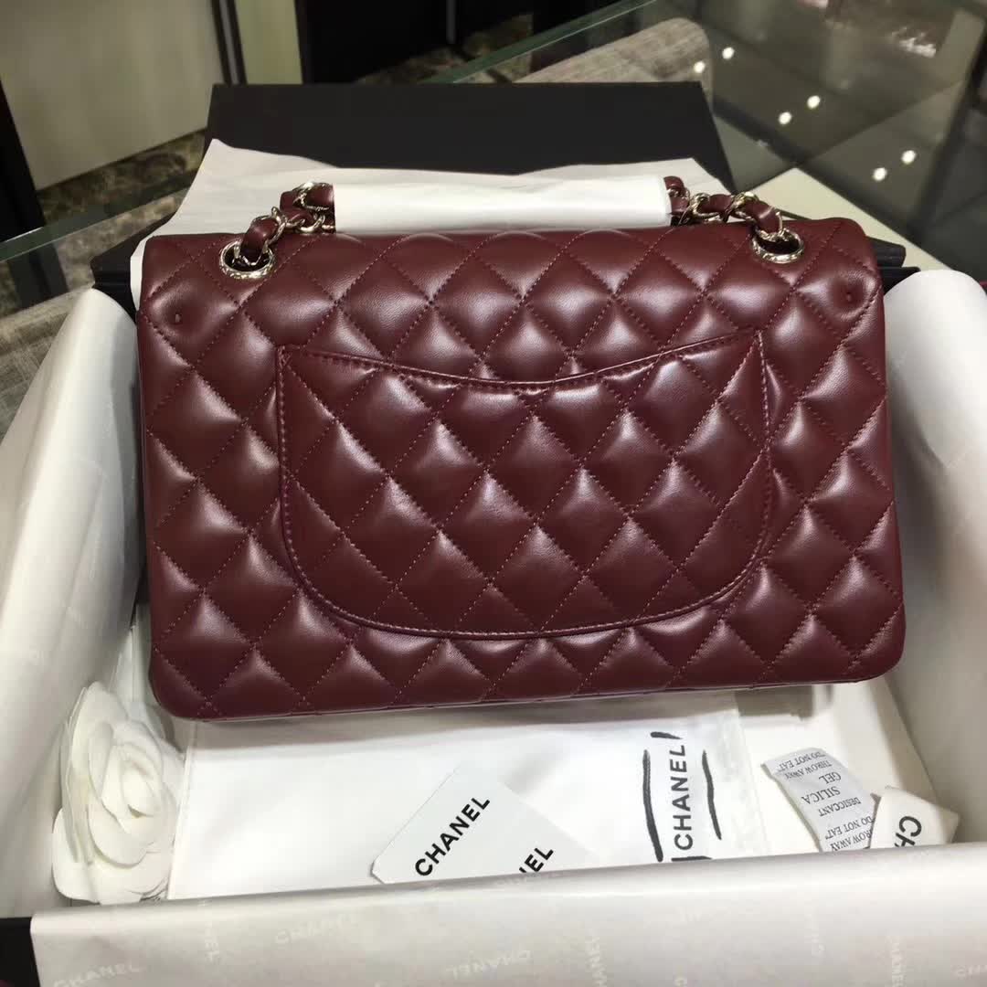 广州白云皮具城 香奈儿 Classic Flap 小羊皮  枣红 25cm 银五金