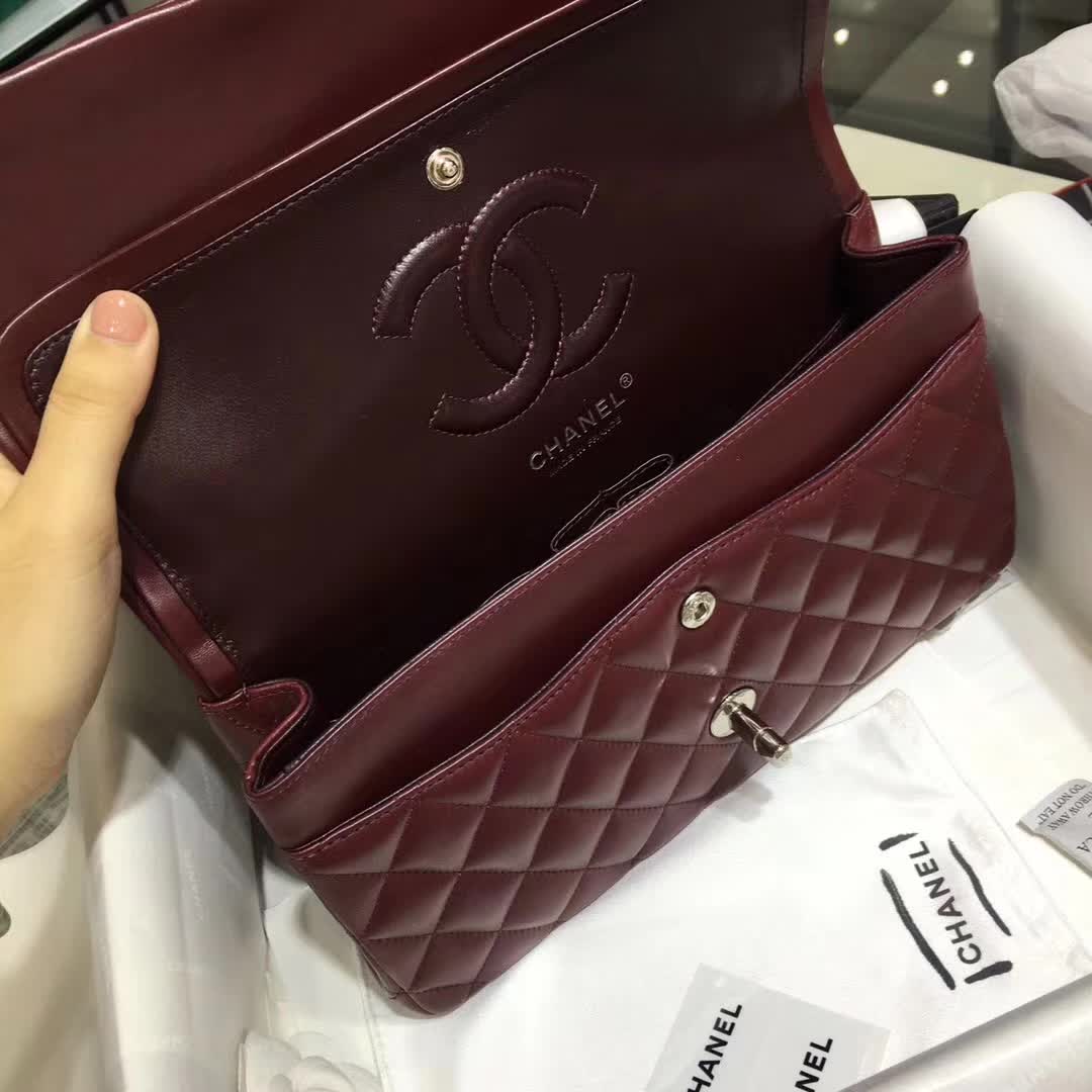 广州白云皮具城 香奈儿 Classic Flap 小羊皮  枣红 25cm 银五金