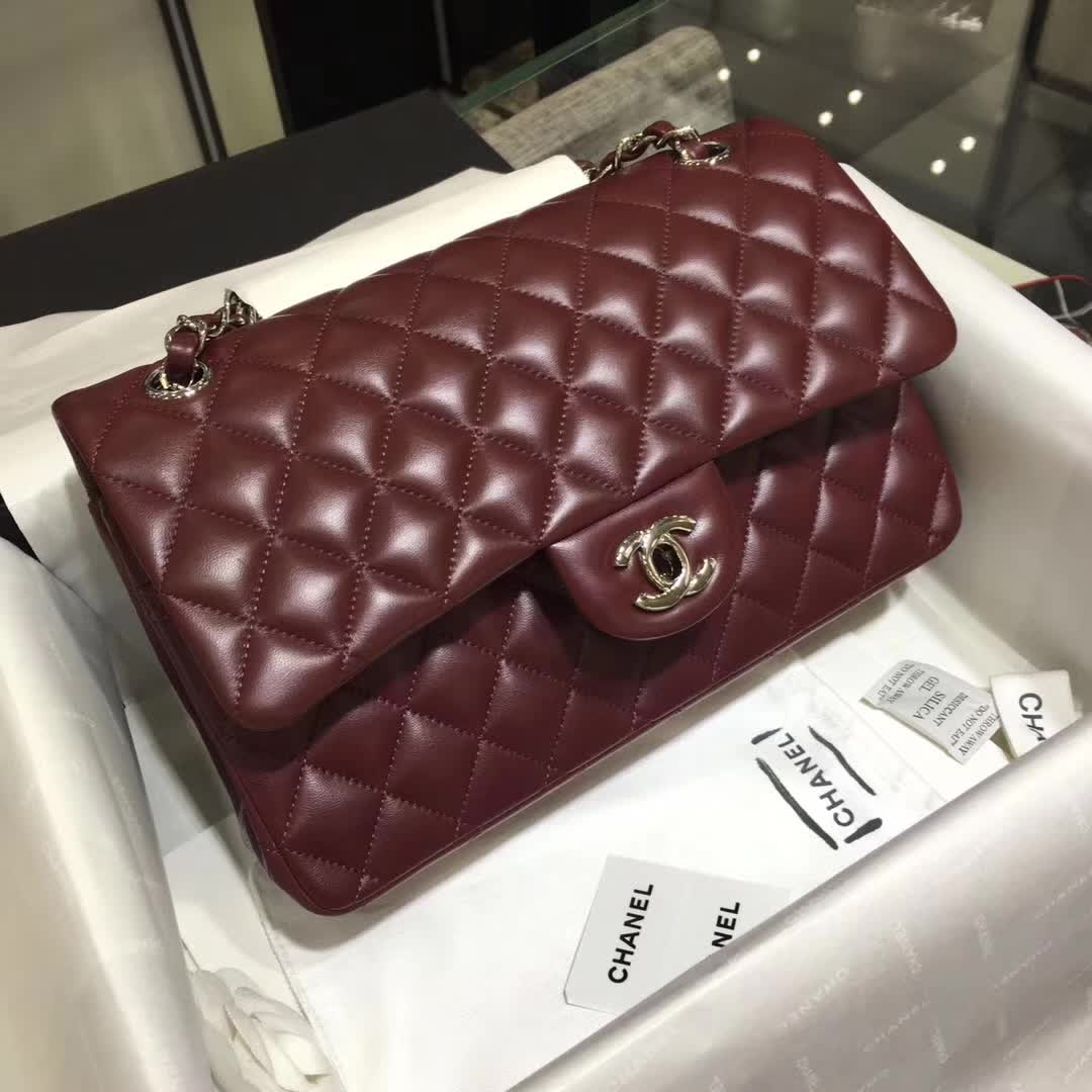 广州白云皮具城 香奈儿 Classic Flap 小羊皮  枣红 25cm 银五金