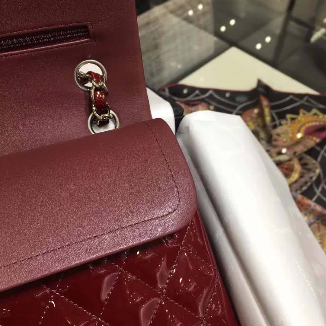Chanel 香奈儿 Classic Flap 漆皮 酒红 25cm 银五金