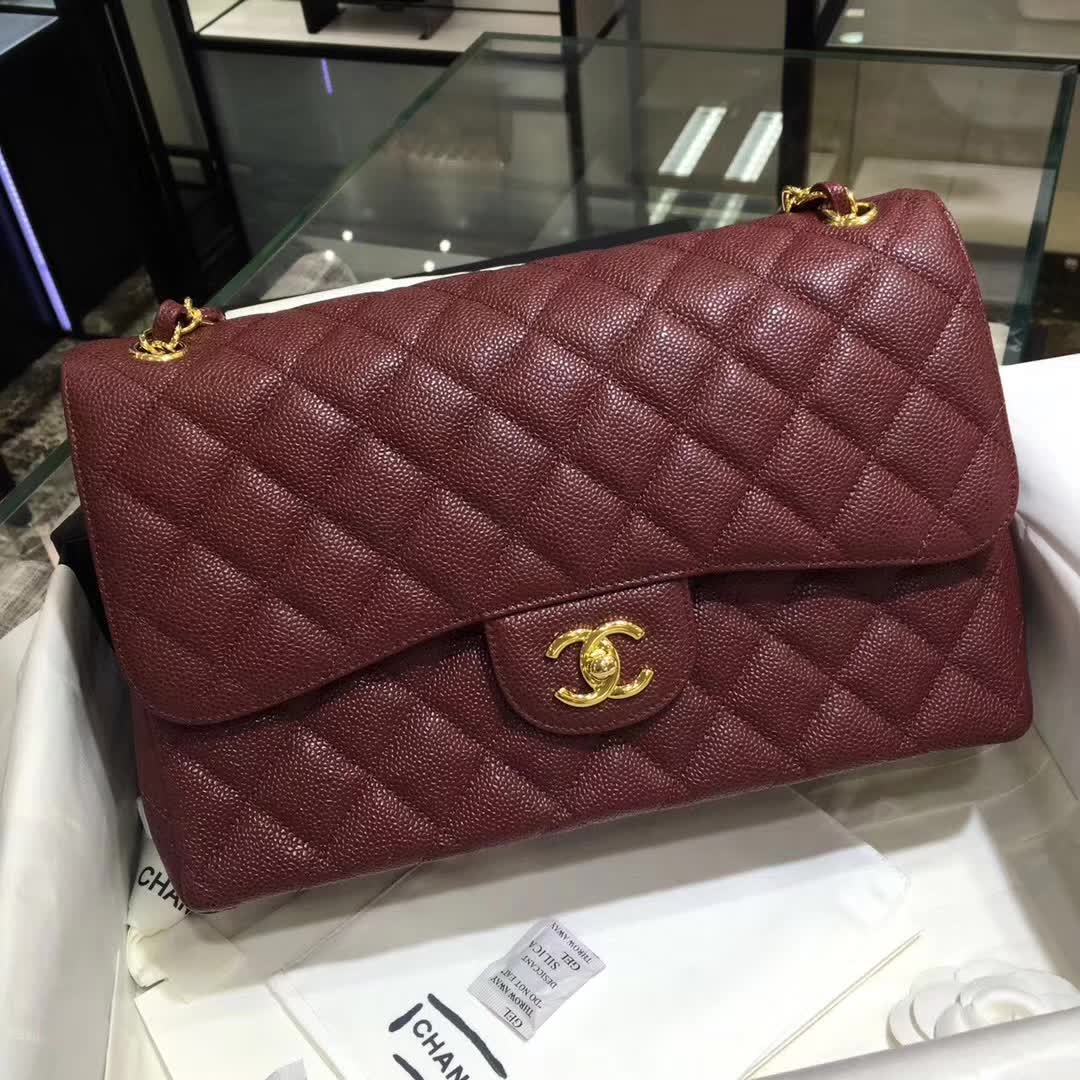 Chanel 香奈儿 Classic Flap 鱼子酱 枣红 30cm 金色五金