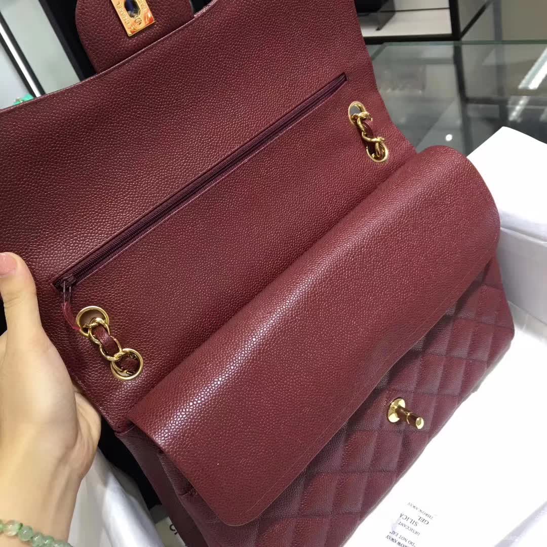 Chanel 香奈儿 Classic Flap 鱼子酱 枣红 30cm 金色五金