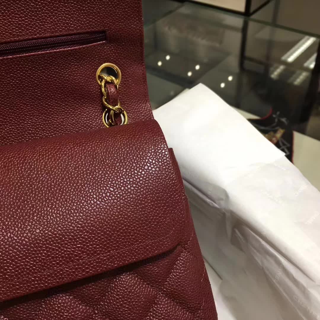 Chanel 香奈儿 Classic Flap 鱼子酱 枣红 30cm 金色五金