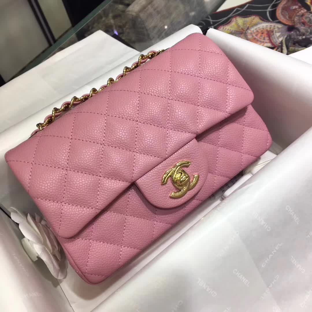 Chanel 香奈儿 Classic Flap 鱼子酱 桃粉色 20cm 金色五金