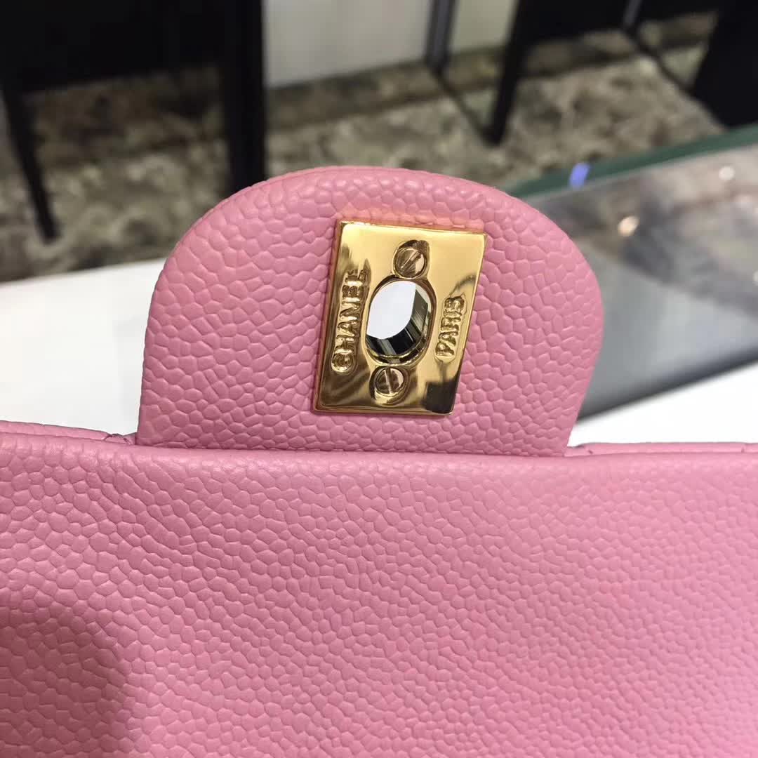 Chanel 香奈儿 Classic Flap 鱼子酱 桃粉色 20cm 金色五金