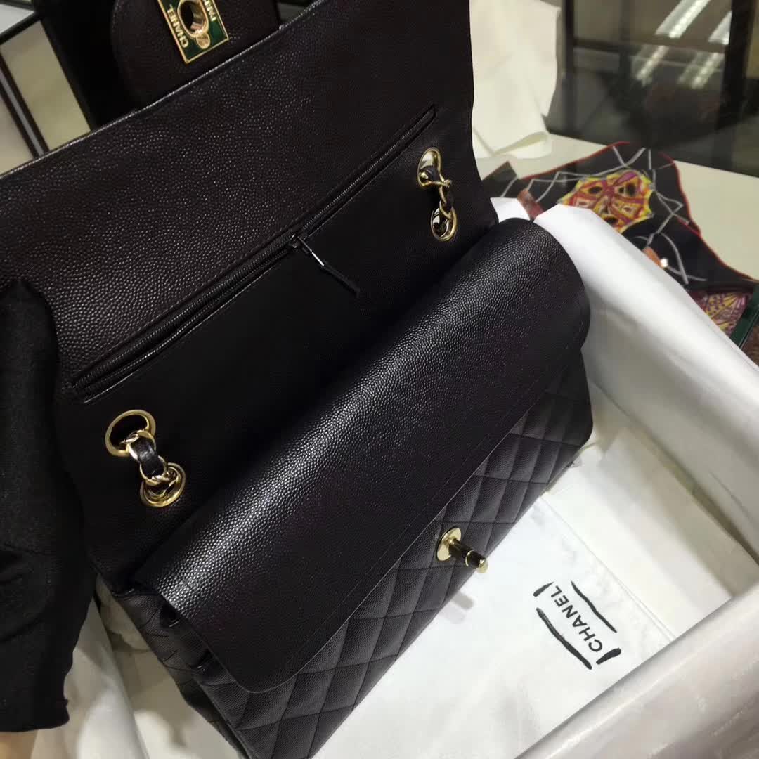 Chanel 香奈儿 Classic Flap 小鱼子酱 黑色 25cm 香槟金