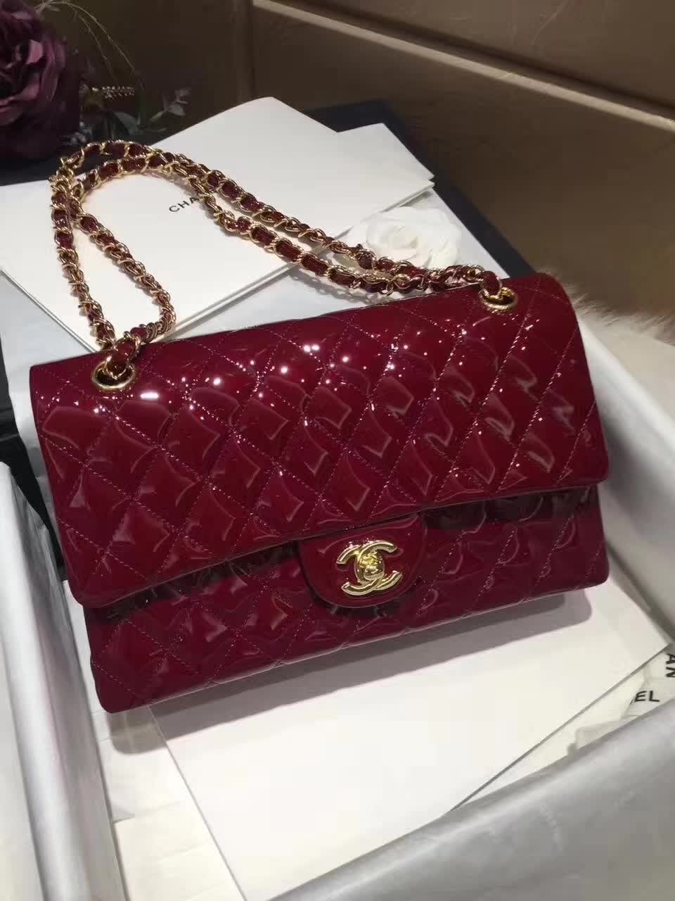 Chanel 香奈儿 Classic Flap 漆皮 酒红 25cm 金五金