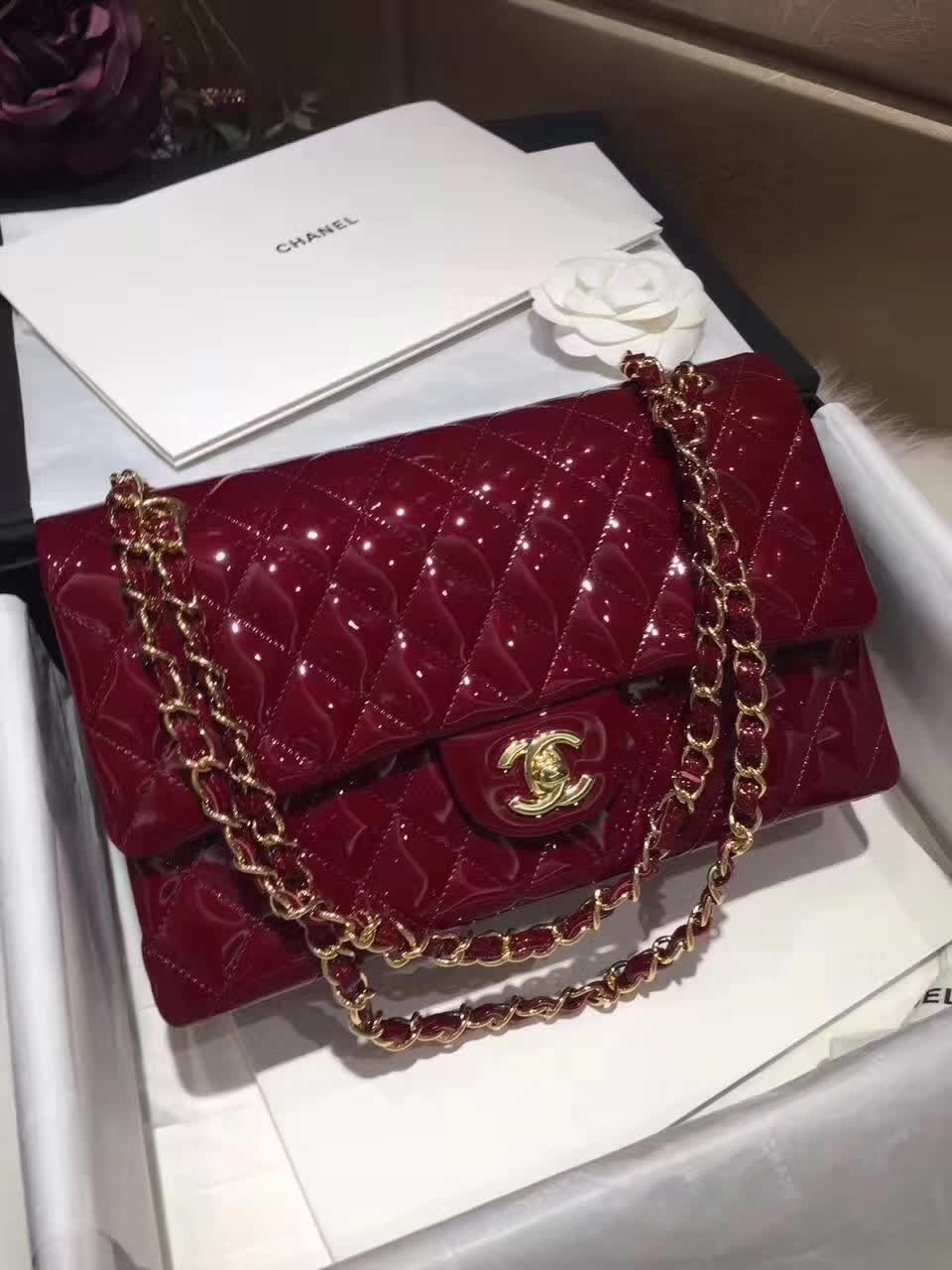 Chanel 香奈儿 Classic Flap 漆皮 酒红 25cm 金五金