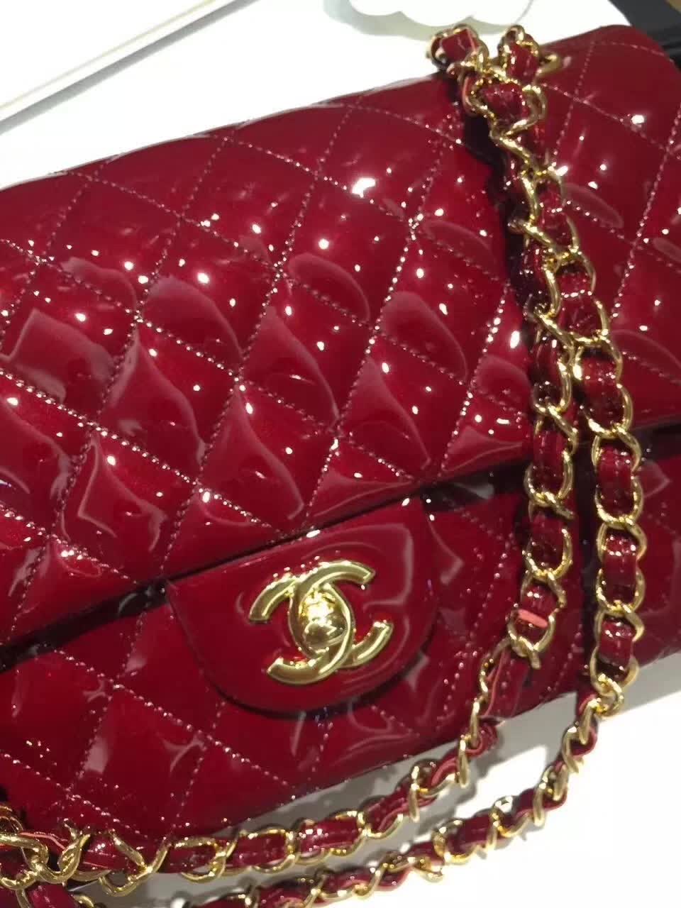Chanel 香奈儿 Classic Flap 漆皮 酒红 25cm 金五金