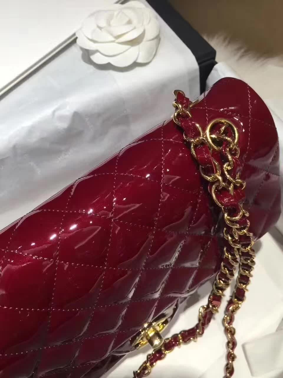 Chanel 香奈儿 Classic Flap 漆皮 酒红 25cm 金五金