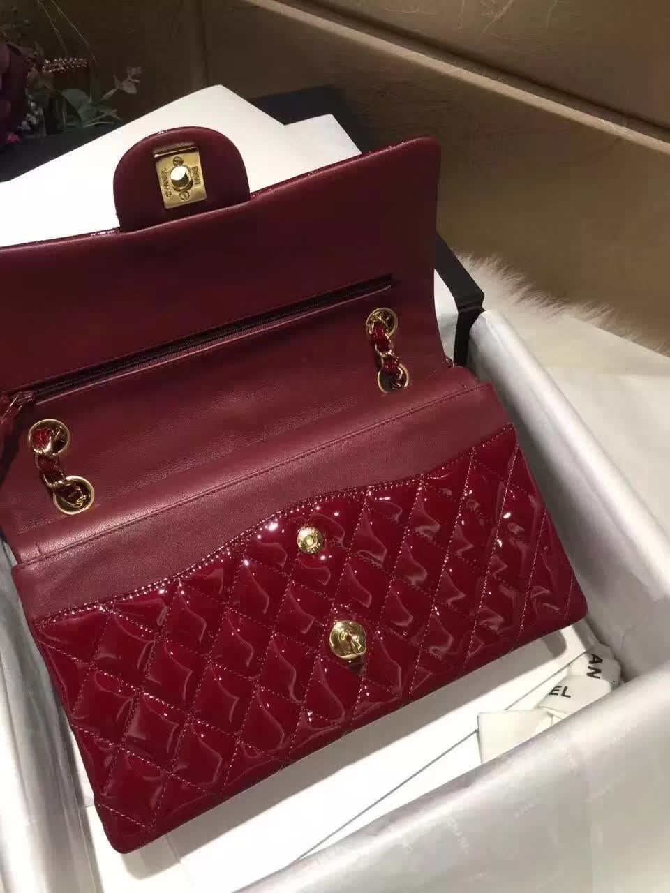 Chanel 香奈儿 Classic Flap 漆皮 酒红 25cm 金五金