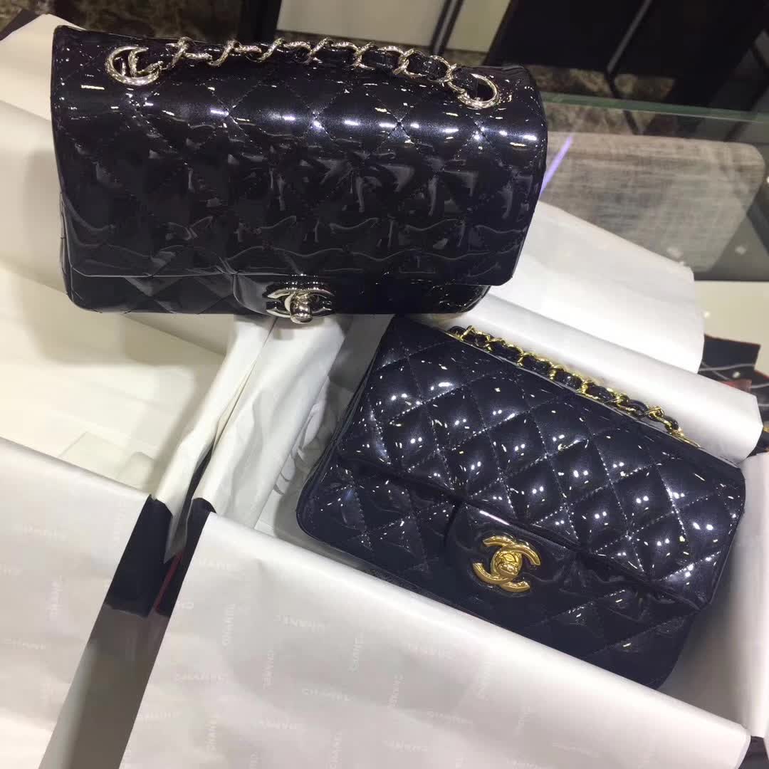 Chanel 香奈儿 Classic Flap 漆皮 珠光铁灰 20cm 五金：银