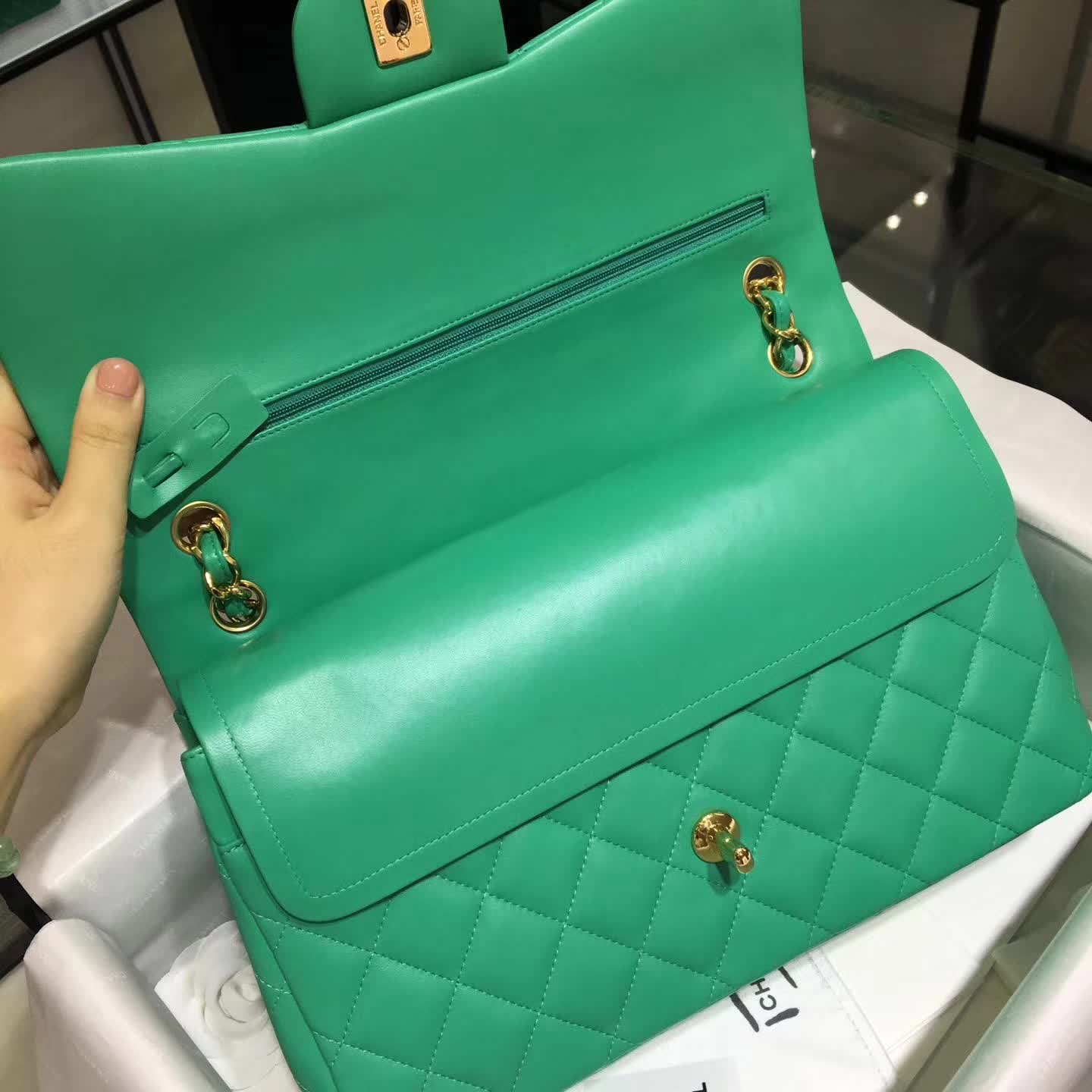 Chanel 香奈儿 Classic Flap 小羊皮 湖水绿 30 五金：金