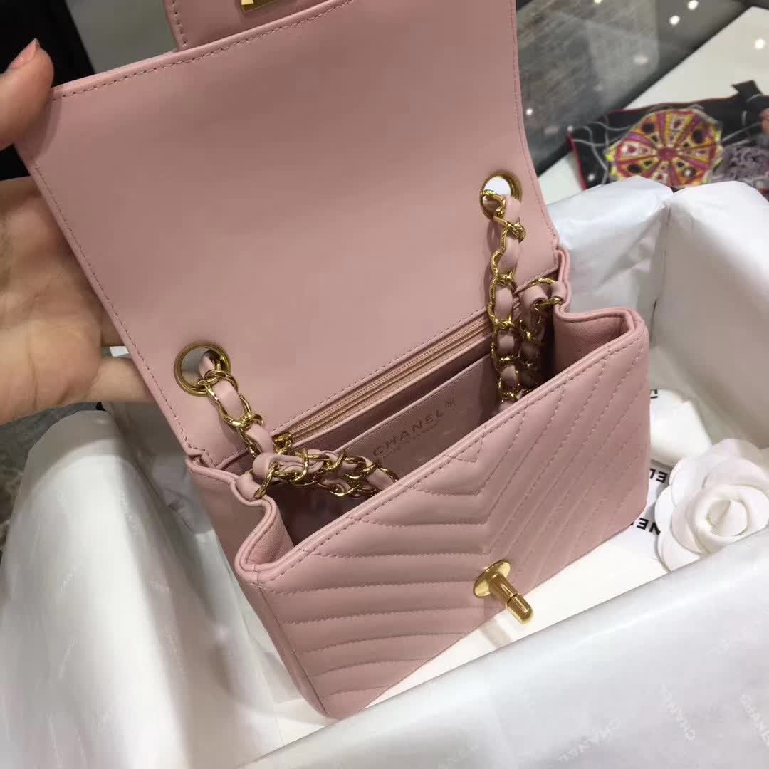 Classic Flap V小羊皮 粉色 17cm 金色五金