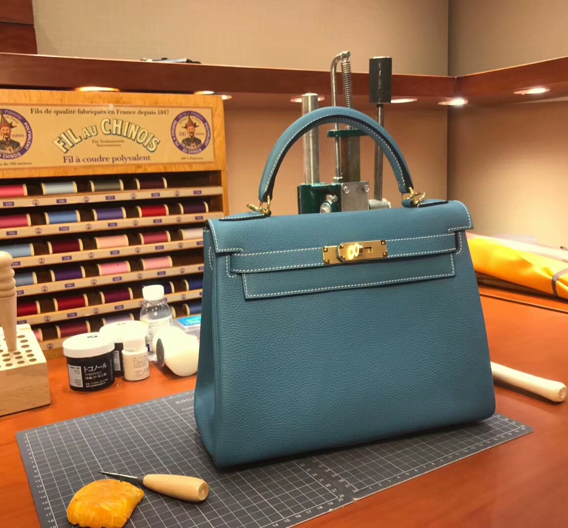 Kelly 28CM Togo皮 纯手工蜡线 法国TR级别的进口皮料 配全套专柜包装发票 牛仔蓝 CC75 Blue Jean