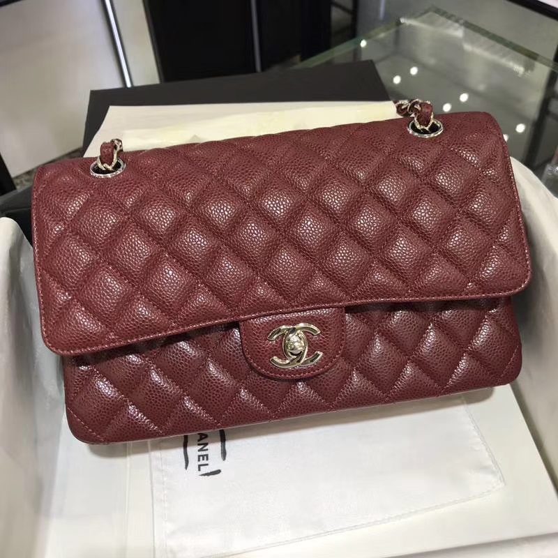 香奈儿 CHANEL Classic Flap Bag  进口鱼子酱 25cm 酒红 银扣 客订出货 少量现货